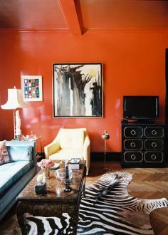 
                    
                        Love the red wall!    Red lacquered walls and ceiling with framed art and midcentury furniture
                    
                