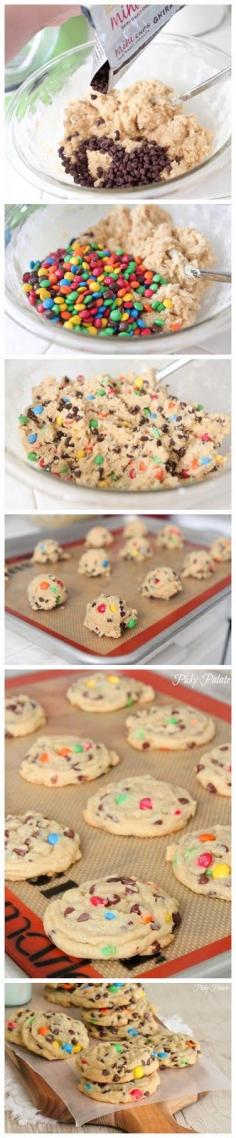 How To Make Perfect M and M Cookies- add vanilla pudding to get soft, chewy cookies! Something new to stick in the cookie tin! :)