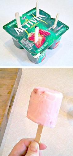 #14. Make your own yogurt pops! ~ 36 Kitchen Tips and Tricks That Nobody Told You About - I wouldn't do Activia, but such a good idea. perfect summer snack!!!!!!!!