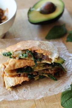 Caramelized Onion, Spinach, and Avocado Quesadilla #vegetarian #quesadilla www.MadamPaloozaEmporium.com www.facebook.com/MadamPalooza