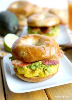 
                    
                        Cheesy Egg, Avocado and Bacon Breakfast Sandwich, a beautiful way to celebrate the morning, from NoblePig.com
                    
                