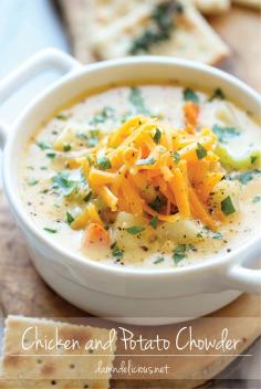 
                    
                        Chicken and Potato Chowder - Just like mom's comforting chicken noodle soup, but it's even creamier and loaded with cheesy goodness!
                    
                