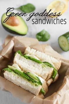 
                    
                        Green goddess sandwiches - creamy avocado spread, crunchy cucumber and baby spinach, and fresh mozzarella. Unbelievably tasty!
                    
                