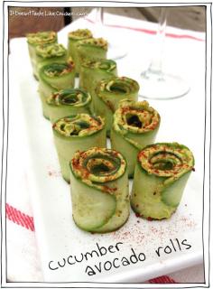 
                    
                        Cucumber Avocado Rolls. A really easy, pretty, appetizer that is perfect for vegans, vegetarians, gluten free, and healthy eating. These are like little mouth explosions! #itdoesnttastelikechicken
                    
                
