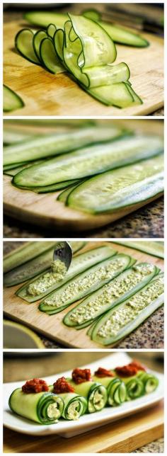 Cucumber Roll Ups ~~ sounds yummy! Cucumber and Hummus are a great combination! - Healthy and Diet Friendly Food Recipes. - Eating Yummy by B Heart