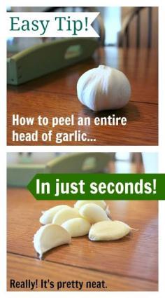 One simple trick that allows you to peel a whole head of garlic in under a minute! Everyone should know about this! Grab two identical bowls place head inside shake really hard for approx 15 seconds et voila