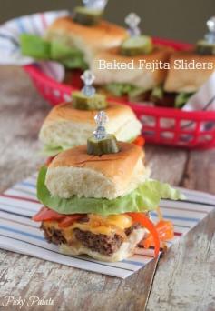 Baked Fajita Sliders!  Burgers baked in a 9x13 inch baking dish, cut into squares and served on rolls.  Such a fun simple dinner idea!