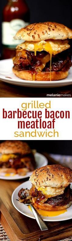 A thick slice of grilled, bacon wrapped meatloaf covered in a melty slice of sharp cheddar cheese, topped with bourbon caramelized onions, more barbecue sauce and a fried egg. This Grilled Barbecue Bacon Meatloaf Sandwich is the king of all sandwiches.