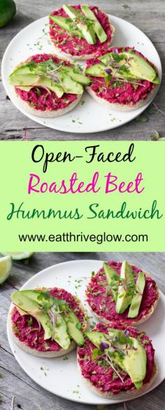 Open-Faced Roasted Beet Hummus Sandwich recipe. Toasted English muffins topped with hummus and avocado. #recipe #pink