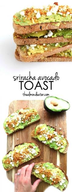 Sriracha Avocado Toast | Avocado toast topped with goat cheese, sriracha flavored almonds and a bit of lime juice