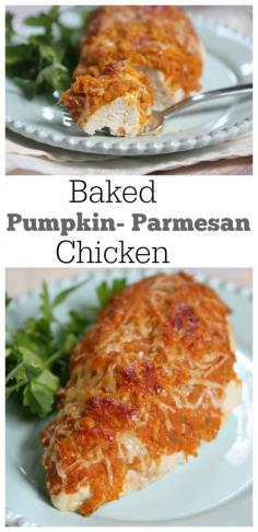 Easy, Baked Pumpkin- Parmesan Chicken dinner recipe.  Pumpkin replaces a lot of the fat in the recipe to create a tender, more healthful, delicious dish with fewer calories. @libbyspumpkin #pumpkincan #ad