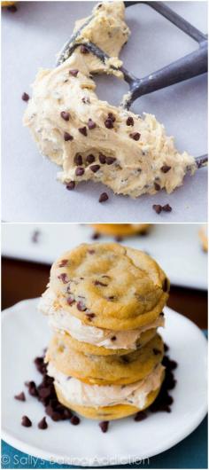 Chocolate Chip Cookie Dough Sandwiches Recipe ~ Two soft chocolate chip cookies sandwiched together with eggless cookie dough frosting... Cookie dough lover's dream!