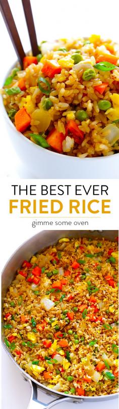 This fried rice recipe tastes even better than the restaurant version, plus it's quick and easy to make! Feel free to add chicken, shrimp or pork if you'd like. | gimmesomeoven.com