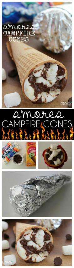 S'mores Campfire Cones - this campfire recipe goes outside the box and creates the ultimate smores recipe for adults and kids on Frugal Coupon Living.