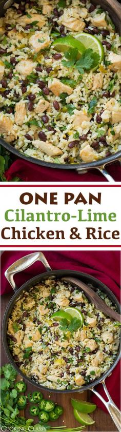 
                    
                        One Pan Cilantro Lime Chicken and Rice with Black Beans - this is so easy to make and so delicious! It can be ready in 25 minutes! Like a burrito bowl so you can definitely load it up with toppings if you want.
                    
                