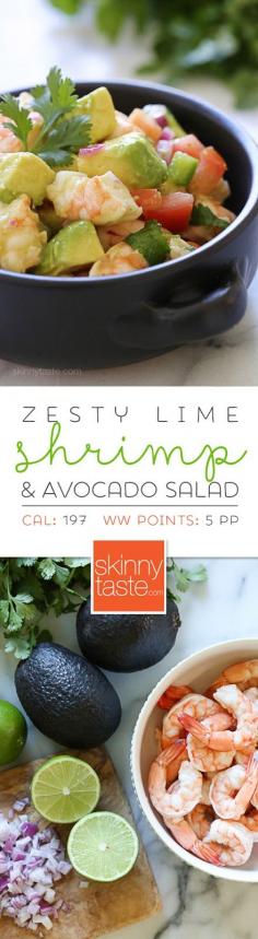 Zesty Lime Shrimp and Avocado Salad – a delicious, healthy salad made with shrimp, avocado, tomato, lime juice, jalapeno and cilantro. No cooking required and super EASY! Gluten-free, low-carb, whole30, clean eating, paleo and low calories.