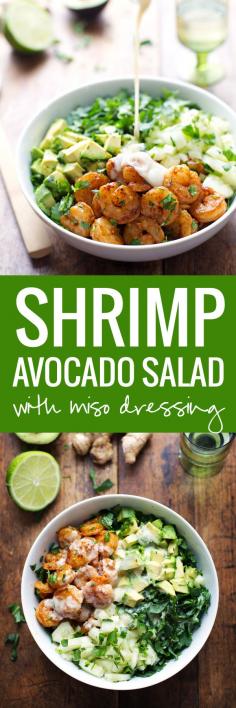 
                    
                        This Spicy Shrimp and Avocado Salad has cucumbers, baby kale, shrimp, and avocado with a creamy miso dressing. SO YUMMAY. | pinchofyum.com
                    
                