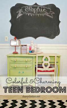 I like the green desk.   Classyclutter.net  Teen Room  Love the Chalkboard.  She used an overhead projector.  Follow link to pictures, instructions to how she made the plywood shape for the chalkboard are listed under past projects.  LOVE IT>>