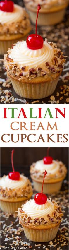 Italian Cream Cupcakes - These are truly DIVINE! Toasted coconut and pecans in buttermilk cake batter topped with luscious cream cheese frosting!