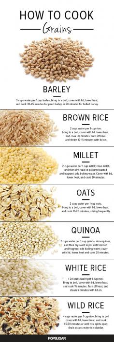 How to Cook Grains --- Remember to choose whole grains such as brown rice, oats, millet, quinoa and wild rice