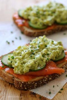 Healthy Avocado Egg Salad and Salmon Sandwich- I'd eliminate the salmon, but this is a great idea!