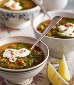 Middle Eastern-spiced spinach and lentil soup with garlic yogurt recipe