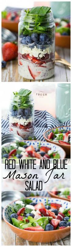 
                    
                        Red White and Blue Mason Jar Salad! So cute and easy. Perfect for Memorial Day and Fourth of July! Strawberry and Blueberry Salad with Feta. Yum.
                    
                