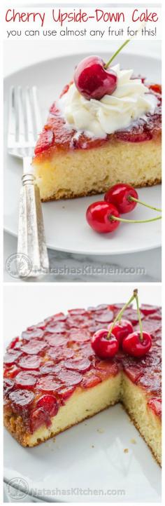 
                    
                        This Cherry Upside-Down Cake is sooooo soft! And you can use just about any kind of fruit! | NatashasKitchen.com
                    
                