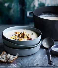 Roast garlic, cheddar and ale soup with fried cauliflower recipe :: Gourmet Traveller