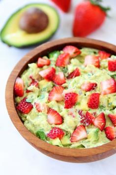 Strawberry Goat Cheese Guacamole.  The goat cheese adds a creamy texture to the avocado. Mash 3 avocados with 2 oz cheese, then add onion, jalapeno, lime juice, cilantro, diced strawberries, salt and pepper.