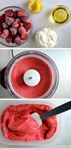 5-Minute Healthy Strawberry Frozen Yogurt Recipe          Skip the sugary store-bought desserts and whip up the best healthy strawberry frozen yogurt made with just four ingredients. No ice cream maker required!     http://guidetocreatingspaproducts.blogspot.com/