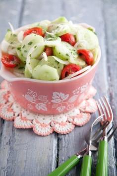 This reminds me of my Grandma Lasley's cucumber salad. - Paula Deen Aunt Peggys Cucumber, Tomato and Onion Salad