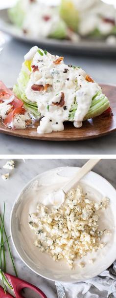 Classic Blue Cheese Wedge Salad with THE BEST and easiest homemade blue cheese dressing. And bacon bits of course. on foodiecrush.com #recipe #salad #bluecheese
