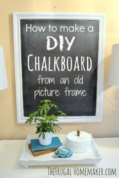 chalkboard frame How to make a DIY chalkboard from an old picture frame.  Tutorial at: http://thefrugalhomemaker.com/2013/03/07/how-to-make-a-diy-chalkboard-from-an-old-picture-frame/?utm_source=feedburner_medium=email_campaign=Feed%3A+Wwwthefrugalhomemakercom+%28The+Frugal+Homemaker%29