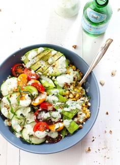 Rainbow Veggie Bowls with Jalapeño Ranch - colorful layers of veggies, grains, nuts, avocado, and homemade jalapeño ranch dressing. Yes please! 300 calories. | pinchofyum.com #salad #recipe #vegetarian #healthy #ranch | www.smartypantsvitamins.com