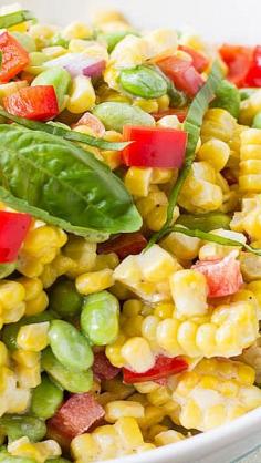 Roasted Corn  Edamame Salad in a creamy but light mayonnaise-based dressing.