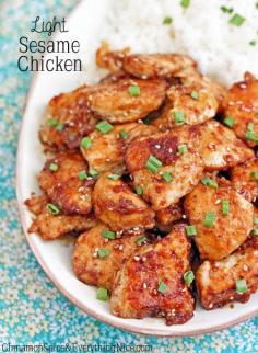 Light Sesame Chicken. Ingredients: honey, soy sauce, garlic, sesame, ginger, egg whites, cornstarch, chicken breast, oil, scallions. Served with rice. Recipe on Cinnamon Spice & Everything Nice.