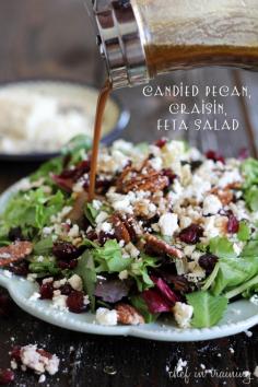 Candied Pecan, Craisin, Feta Salad with Creamy Balsamic Vinaigrette... Looks like a yummy salad