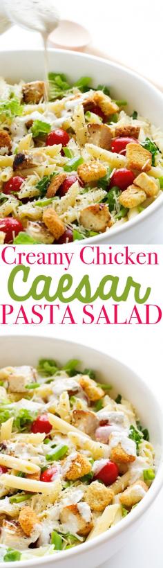 
                    
                        Creamy Chicken Caesar Pasta Salad ~ less than 30 minutes to make and the caesar dressing is TO DIE FOR!
                    
                