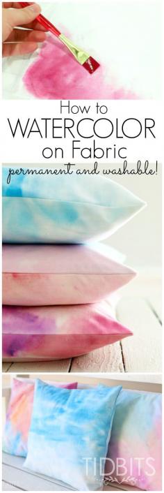 
                    
                        Use this tutorial to permanently watercolor on fabric! This makes beautiful pillows and so much more!
                    
                