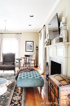 
                    
                        Love the ottoman for extra seating: mix of antiques, affordable pieces, and diy ideas | maisondepax.com
                    
                