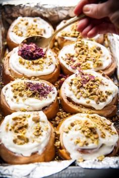 Cardamom Rolls with Pistachio Rose Frosting -- a Indian Bollywood take on classic cinnamon rolls.