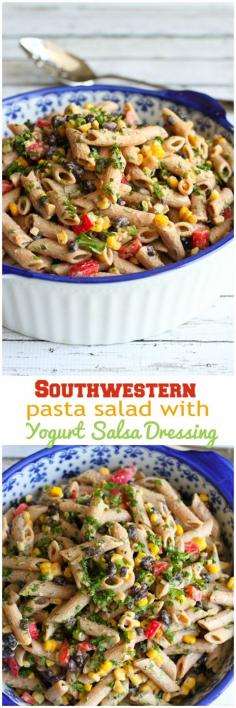 
                    
                        Southwestern Pasta Salad with Yogurt Salsa Dressing…A fantastic vegetarian side dish or entrée!  166 calories and 4 Weight Watchers PP | cookincanuck.com #healthy #recipe
                    
                