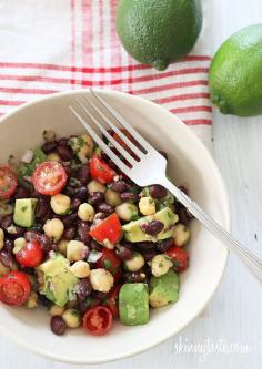 Delicious!  This went with the adobe pork loin recipe.  Fiesta Bean Salad – Black beans, chick peas, tomatoes, cilantro and avocado are tossed with a cumin-lime vinaigrette – bright, fresh and easy!    #weightwatchers #easylunch #cleaneating #glutenfree #lowsodium #vegetarian #vegan #meatlessmondays