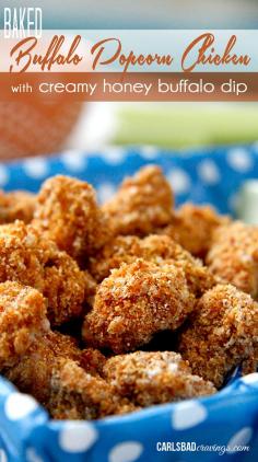 Buffalo Popcorn Chicken - BAKED and SO addictingly crispy, better than any chicken nugget!