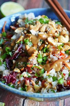 Just made this for dinner. The sticky rice is amazing. Peanut sauce was a little too sweet, next time I'll cut the honey serving in half. Added some tamarin which cut the sweetness too. Thai Cashew Coconut Rice with Ginger Peanut Dressing. This rice salad is seriously addictive and always a huge hit at potlucks! Sub honey with agave syrup for a #vegan nom.