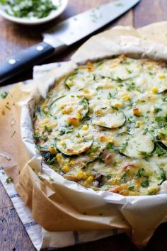 Sweet Corn and Zucchini Pie - a simple crustless pie featuring fresh summer veggies and melted cheese. 275 calories. | pinchofyum.com #vegetarian #zucchini #pie #recipe #healthy