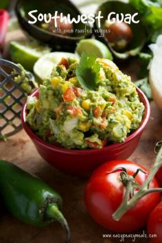 Southwest Guac with Roasted Garlic and Tomatoes Recipe: A flavor packed guacamole that is full of healthy roasted veggies for a fun appetizer or condiment - Avocado