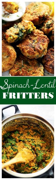 
                    
                        Spinach Lentil Fritters - Deliciously crispy fritters made with lentils and spinach, and served with a side of lemon-sour cream sauce.
                    
                