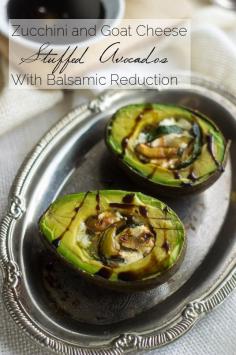Zucchini and goat cheese stuffed avocados. A quick and easy appetizer, snack OR side dish loaded with creamy goat cheese, zucchini and sweet balsamic reduction. Gluten free and full of healthy fats!